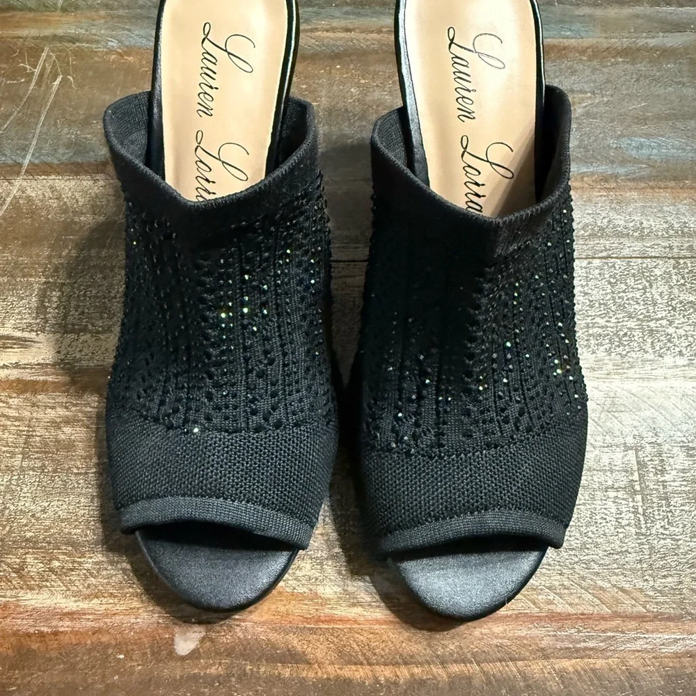 Lauren Lorraine Black‎ Embellished Wedge Sandals-New with box and dust bags